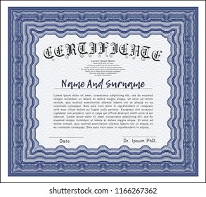 Blue Diploma template. With quality background. Detailed. Good design. 