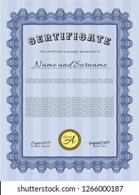 Blue Diploma template. With quality background. Detailed. Superior design. 