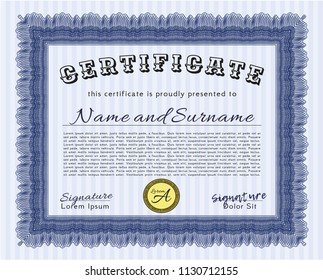 Blue Diploma template. Vector illustration. Complex background. Money Pattern design. 