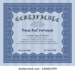 Blue Diploma template. Vector illustration. With guilloche pattern. Excellent design. 