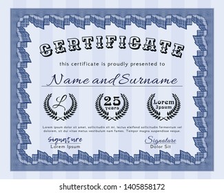 Blue Diploma template. Vector illustration. With complex linear background. Beauty design. 