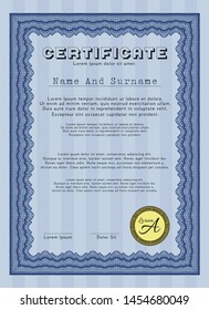 Blue Diploma template. Vector illustration. With guilloche pattern and background. Retro design. 