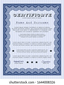 Blue Diploma template. Vector illustration. With complex linear background. Good design. 