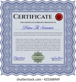 Blue Diploma template. Vector illustration. With complex background. Excellent design. 