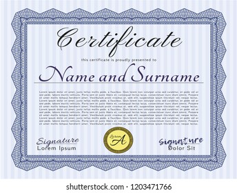 Blue Diploma. Vector illustration. With complex linear background. Perfect design. 