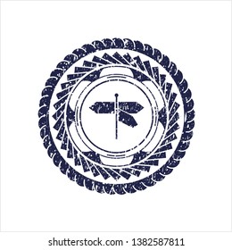Blue directions sign icon inside distress rubber seal with grunge texture