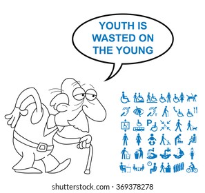 Blue disability and people related graphics collection isolated on white background with comical youth is wasted on the young saying