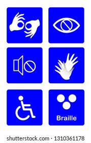 blue disability symbols and signs collection, may be used to publicize accessibility of places, and other activities for disabled people.vector illustration