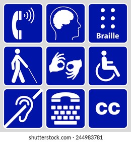 blue disability symbols and signs collection, may be used to publicize accessibility of places, and other activities for people with various disabilities.vector illustration