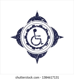 Blue disabled (wheelchair) icon inside distressed rubber grunge texture seal