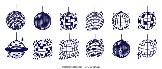 Blue Disco Ball Glitter Vektor mit Spiegel Globus Set. Disco Ball Light für Party oder Club Kit. Doodle-Vektorgrafik
