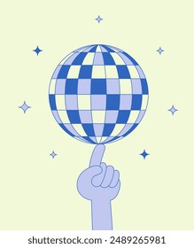 Blue disco ball on a finger on a light background, cartoon illustration, flat style