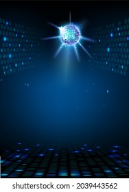 Blue disco party dance floor with shiny disco ball