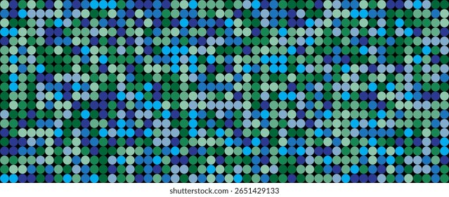 blue disco party seamless pattern. Circle sequin mosaic texture background. Abstract shining colorful halftone wallpaper. Pop up comic glitter sparkles backdrop. Retro vector design template