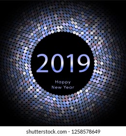 Blue discoball New Year 2019 greeting poster. Happy New Year circle disc with particle. Glitter gray dot pattern. Vector illustration