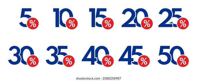 blue discount badges with red percent icons set, vector icons illustration, retail store super offer, online marketplace best price deal