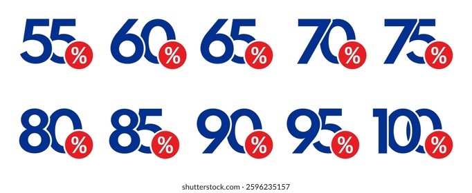 blue discount badges with red percent icons set, vector icons illustration, retail store super offer, online marketplace best price deal