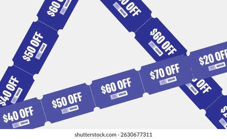Blue discount coupon tickets with various dollar-off offers. Promotional voucher design for marketing, sales, and special deals for e commerce business