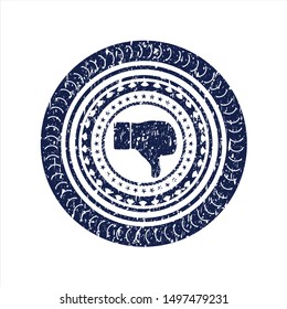 Blue dislike icon inside distressed rubber stamp