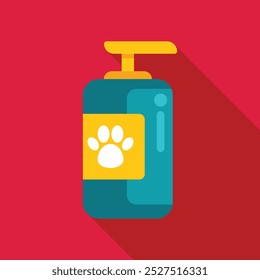 Frasco de dispensador azul de xampu de animal de estimação com rótulo amarelo apresentando um ícone de impressão de pata branca, isolado no fundo vermelho