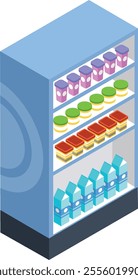 Blue display fridge featuring shelves brimming with packaged milk, yogurt, desserts, and a variety of refreshing drinks, highlighting an assortment of supermarket products