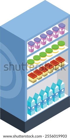 Blue display fridge featuring shelves brimming with packaged milk, yogurt, desserts, and a variety of refreshing drinks, highlighting an assortment of supermarket products