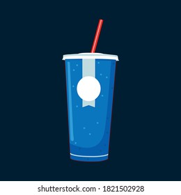 Blauer Einwegbecher für Getränke mit Stroh. Einzeln auf dunklem Hintergrund.
