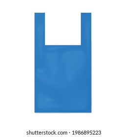 Blue disposable t-shirt plastic bag template, realistic vector illustration isolated on white background. Mockup of a plastic packaging bag for a grocery store.