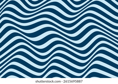 Blue distorted op art wavy lines with ripple effect. Psychedelic wave stripes texture background. Dynamic fluid and liquid optical illusion vector design. 