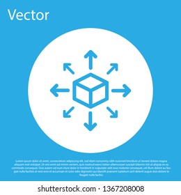 Blue Distribution icon isolated on blue background. Content distribution concept. White circle button. Flat design. Vector Illustration