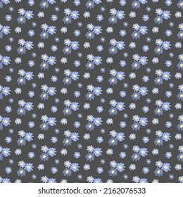 blue ditsy seamless pattern, wild flowers repeating print for surface, wrapping, isolated on blue background