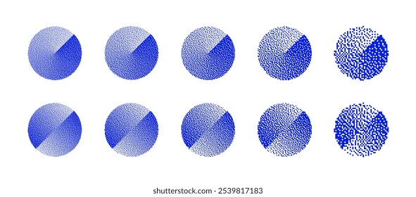 Blue Divided Circles With Various Resolution of Bitmap Dither Gradient Vector Set Isolated On White Background. Retro 8 Bit Pixel Art Graphic Split Round Shapes with Different Textures Design Elements