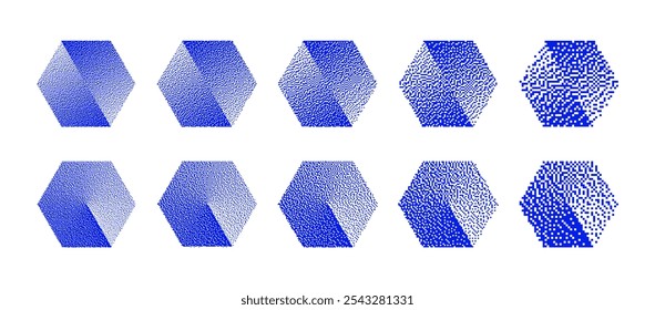 Blue Divided Hexagons With Various Resolution of Bitmap Dither Gradient Vector Set Isolate On White Background. Retro 8Bit Pixel Art Graphic Split Polygon Shapes with Different Texture Design Elements