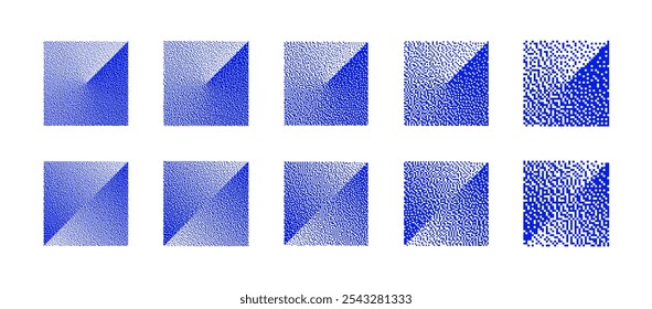 Blue Divided Squares With Various Resolution of Bitmap Dither Gradient Vector Set Isolate On White Background. Retro 8 Bit Pixel Art Graphic Split Square Shapes with Different Texture Design Elements