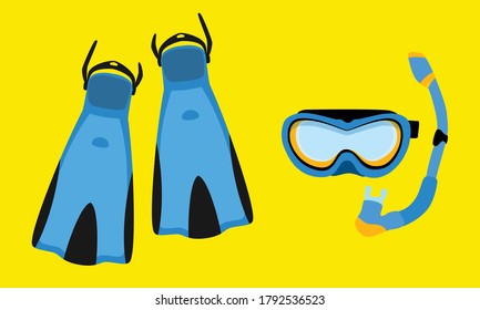 Blue diving maks, diving tube and flippers isolated on yellow background. Swimming equipment