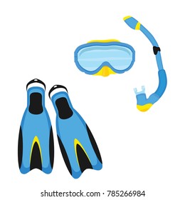 Blue diving maks, diving tube, swimming equipment, flippers isolated on white background.