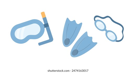 Blue diving mask, diving fins, snorkel and water goggles. Flat vector illustration on white background. Underwater swimming.