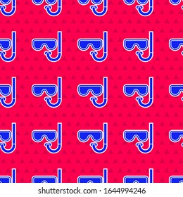 Blue Diving mask and snorkel icon isolated seamless pattern on red background. Extreme sport. Diving underwater equipment.  Vector Illustration