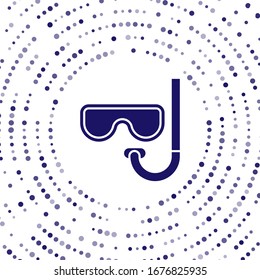 Blue Diving mask and snorkel icon isolated on white background. Extreme sport. Diving underwater equipment. Abstract circle random dots. Vector Illustration