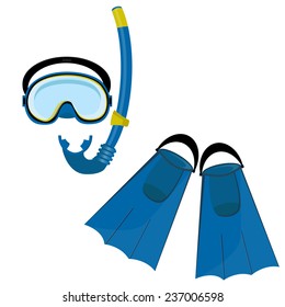 Blue diving mask, diving tube, swimming equipment, flippers