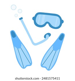 Blue diving set: mask, fins, snorkel. Hand drawn vector illustration