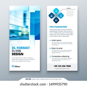 Blue DL Flyer design with square shapes, corporate business template for dl flyer. Creative concept flyer or banner layout.