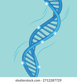 Ilustración de estructura de doble hélice de ADN azul con puntos brillantes sobre fondo verde claro