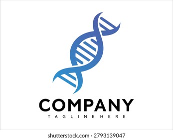 Blue dna double helix vector graphic illustration with company logo and tagline on white background for business branding and biotechnology concepts
