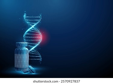 Blue DNA helix with red spot, bottle and  pills. DNA damage, gene editing, genetic mutation, genetic biotechnology engineering, medical therapy concept. Low poly wireframe futuristic style. Vector.