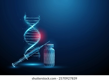 Blue DNA helix with red spot, bottle and syringe. DNA damage, gene editing, genetic mutation, genetic biotechnology engineering, medical therapy concept. Low poly wireframe futuristic style. Vector.