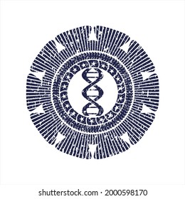 Blaue Dna-Ikone im Inneren bedrückt mit Gummi-Dichttextur. 