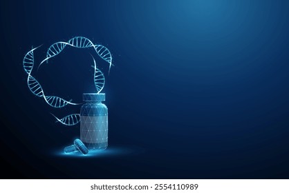 Blue DNA molecule helixes swirled in circle, plastic bottle, medical pills. Genetic engineering, treatment of genetic diseases with medicinal products, medical concept Low poly wireframe style. Vector