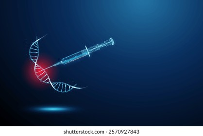 Blue DNA molecule helixes swirled in circle with red spot and syringe injections. Genetic engineering, treatment of genetic diseases with medicinal products, medical concept Low poly wireframe. Vector