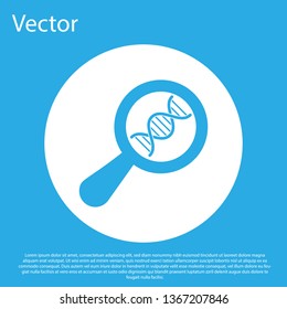 Blue DNA research, search icon isolated on blue background. Magnifying glass and dna chain. Genetic engineering, cloning, paternity testing. White circle button. Flat design. Vector Illustration